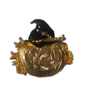 Halloween Pumpkin Witch Hat Brooch Pin Gold Tone Costume Jewelry